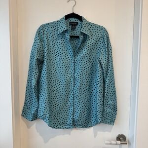JNY Silk Teal Polka Dot Buttonup Blouse Sz Small Retro Chic Mod Office Siren